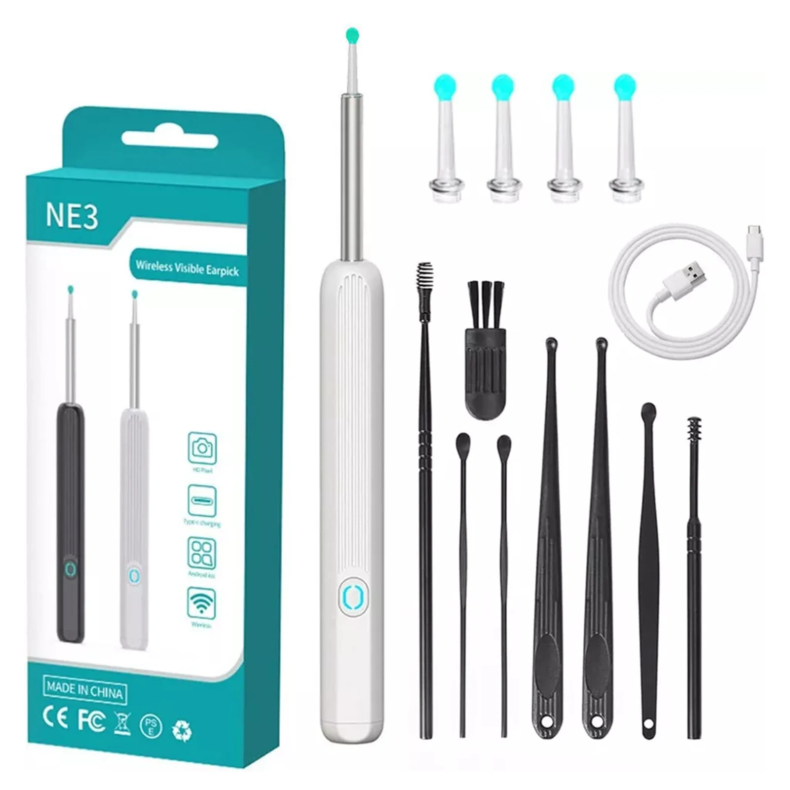 NE3 Wireless Wi-fi Visual Ear Cleaner Otoscope Ear Wax with Ear 1296P HD Cleaning Kit Removal Sticks Endoscope Camera Tool