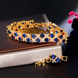 ThreeGraces Elegant Blue Cubic Zirconia Gold Color Luxurious Nigerian Dubai Wedding Prom Bracelet for Women Trendy Jewelry BR240