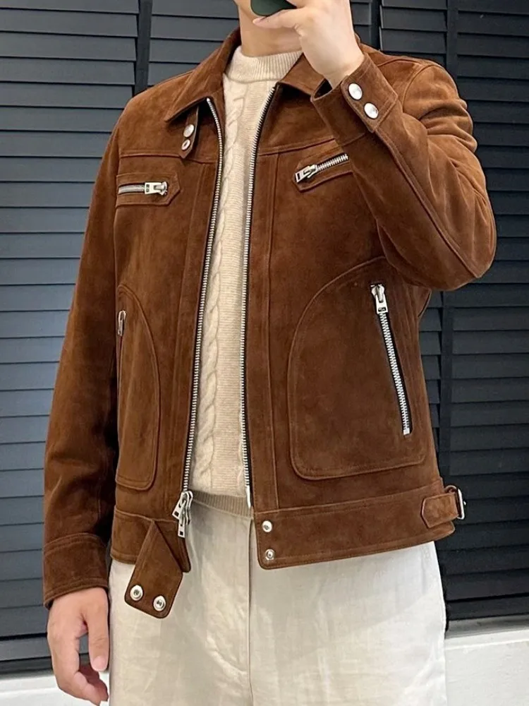 Business Casual Lapel Long Sleeves Male Genuine Leather Jacket Top Quality Solid Color Sheep Suede Zipper Pockets Slim Outerwear