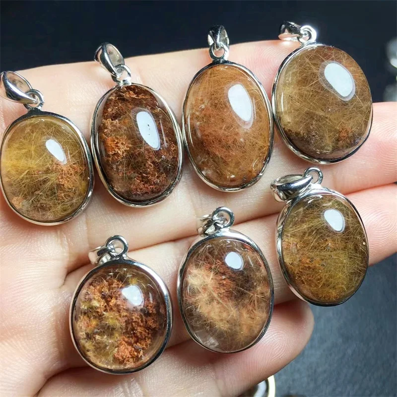 

S925 Natural Garden Rutilated Quartz Pendant Crystal Ball Healing Stone Gemstone Reiki Jewelry 14-16mm