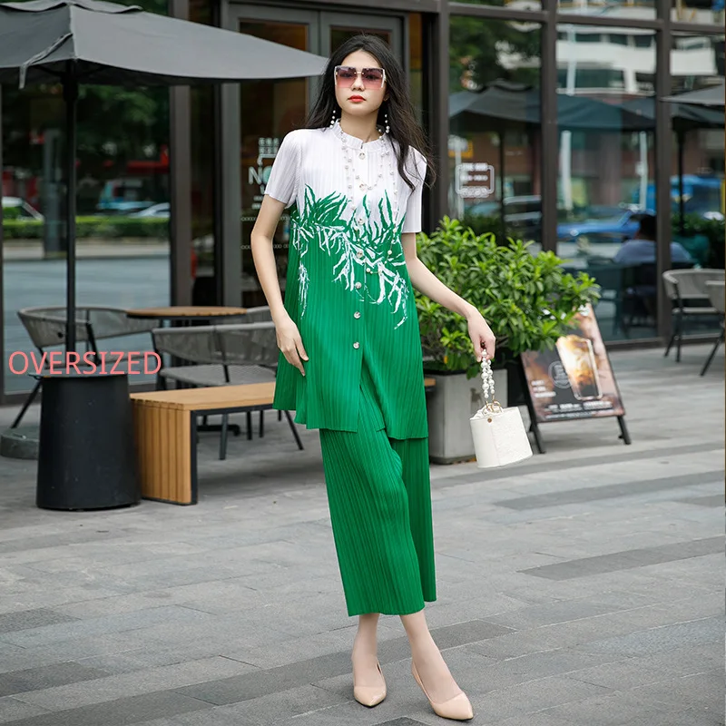 

Miyake Pleated Suit for Women, Korean Fashion Top, Casual Wide-leg Pants Ensemble, Summer Sets