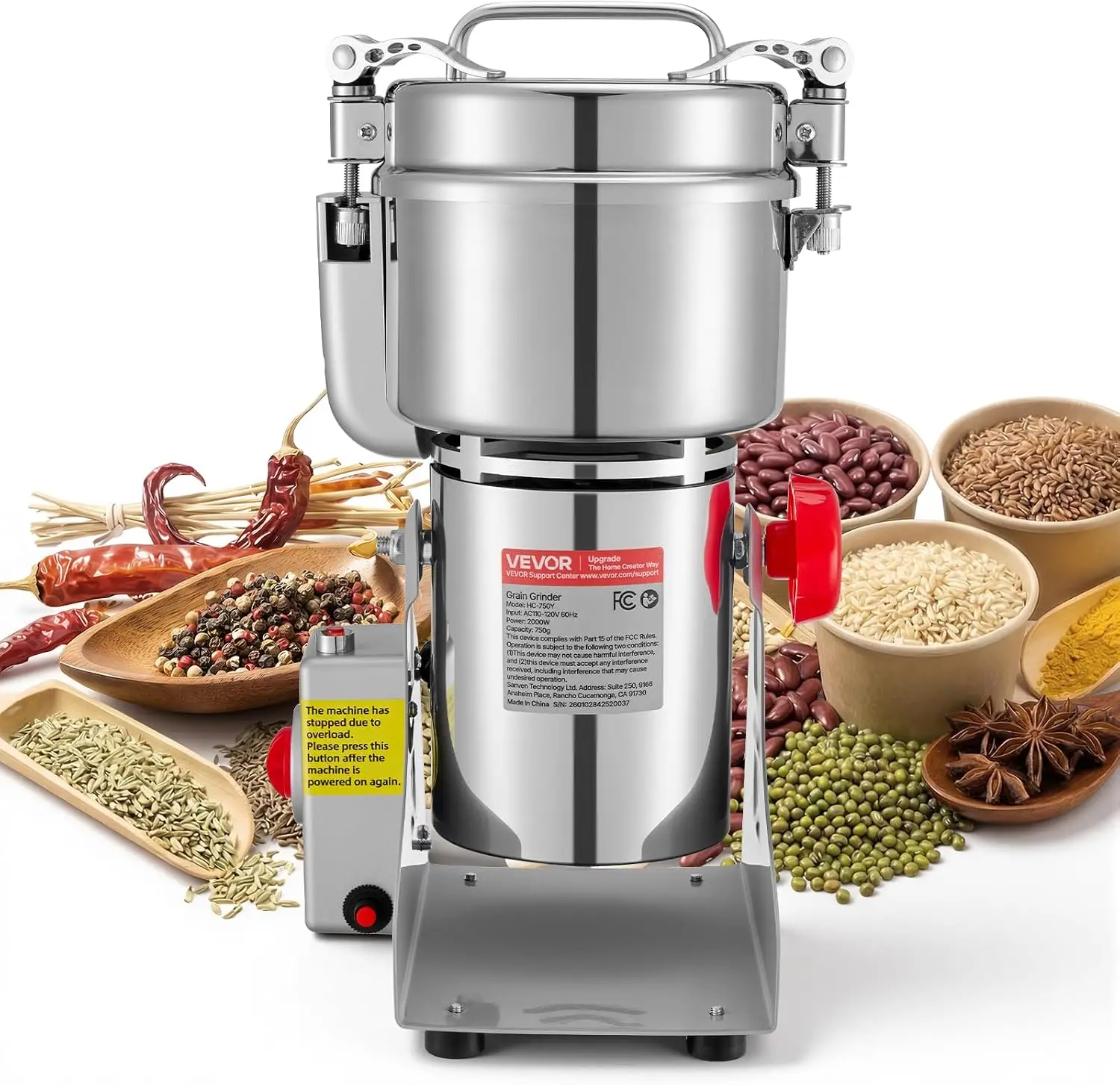 750g Electric Grain Mill Grinder, High Speed 2000W Commercial Spice Grinders, Stainless Steel Pulverizer Powder Machine, for Dry