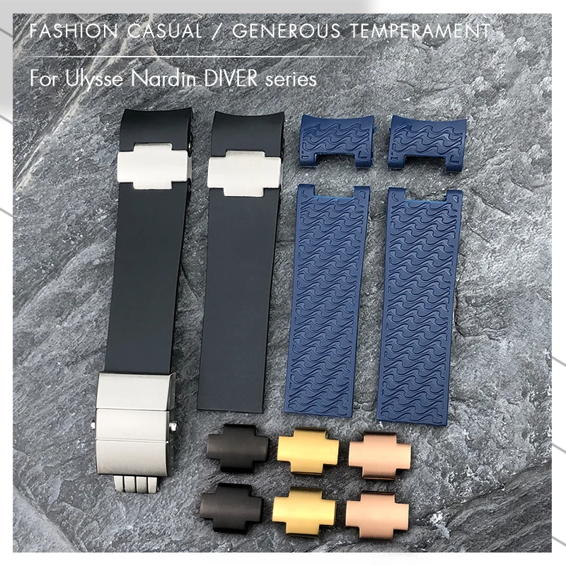 22 مللي متر منحني نهاية المطاط حزام الساعات صالح ل أوليس ناردين 263 غواص حزام أسود أزرق موجة سيليكون أساور مقاومة للماء #1