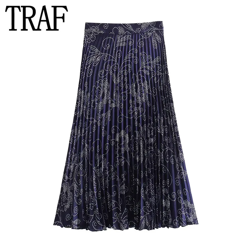 

TRAF Print Pleated Skirt Woman High Waist Long Skirts For Women 2024 Ruched Midi Vintage Skirt Summer Elegant Women's Skirts