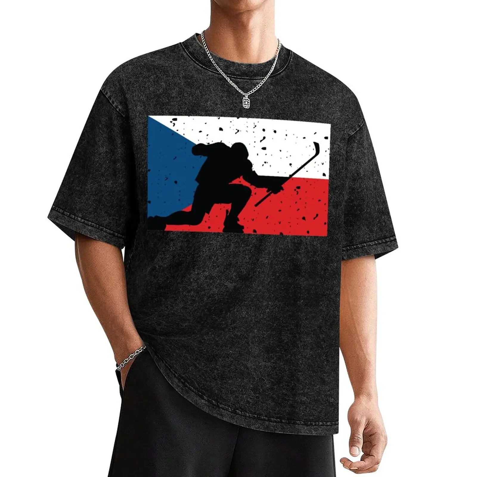 Czech Ice Hockey Silhouette Celebration Distressed T-Shirt Aesthetic clothing vintage heavyweights Men's t-shirts