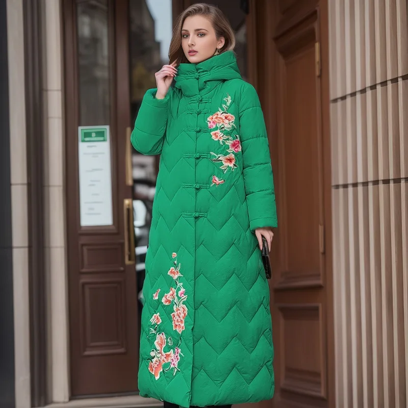 

Ретро-этническое длинное зимнее пальто из хлопка выше колена с вышивкой и пуговицами для женщин, модное, свободного кроя, утепленное