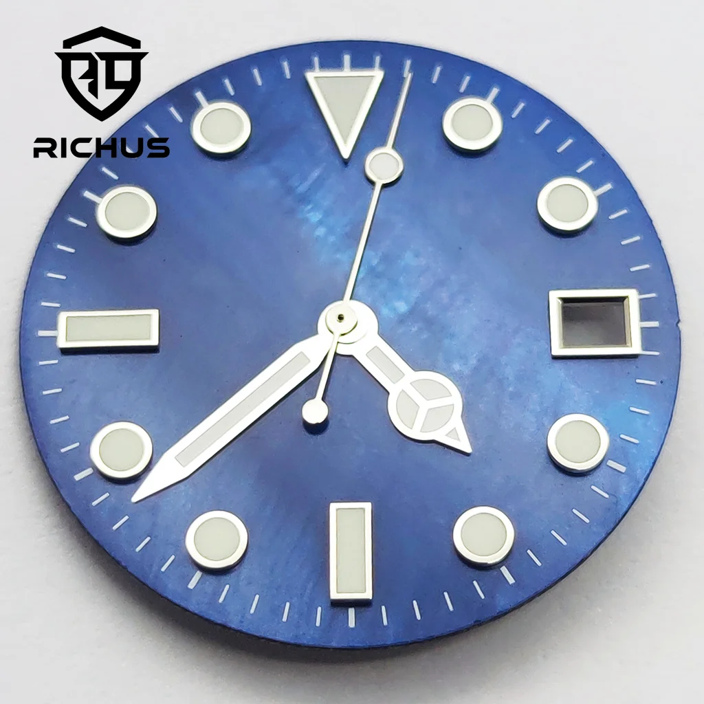 Esfera de reloj RICHUS de 28,5mm con manecillas de reloj, ajuste luminoso verde, movimiento NH34 NH35 NH36
