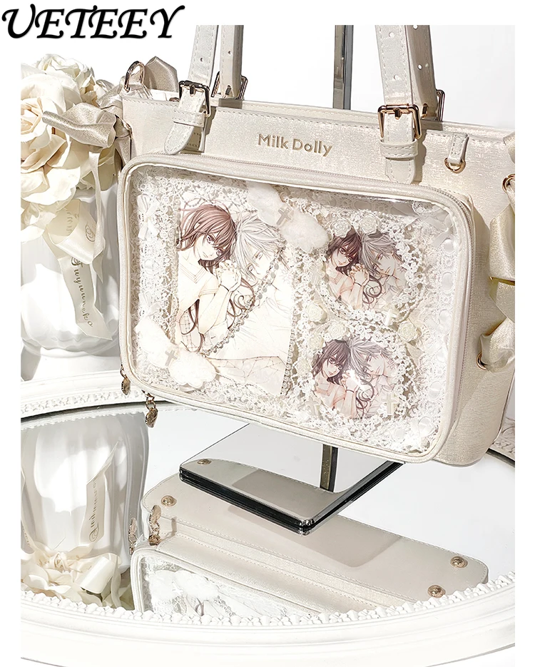 Japanese Original Versatile Bow Messenger Bag Go Out Sweet Girls Cosmetic Bags Daily Ribbon Solid Color Handbag Makeup Case