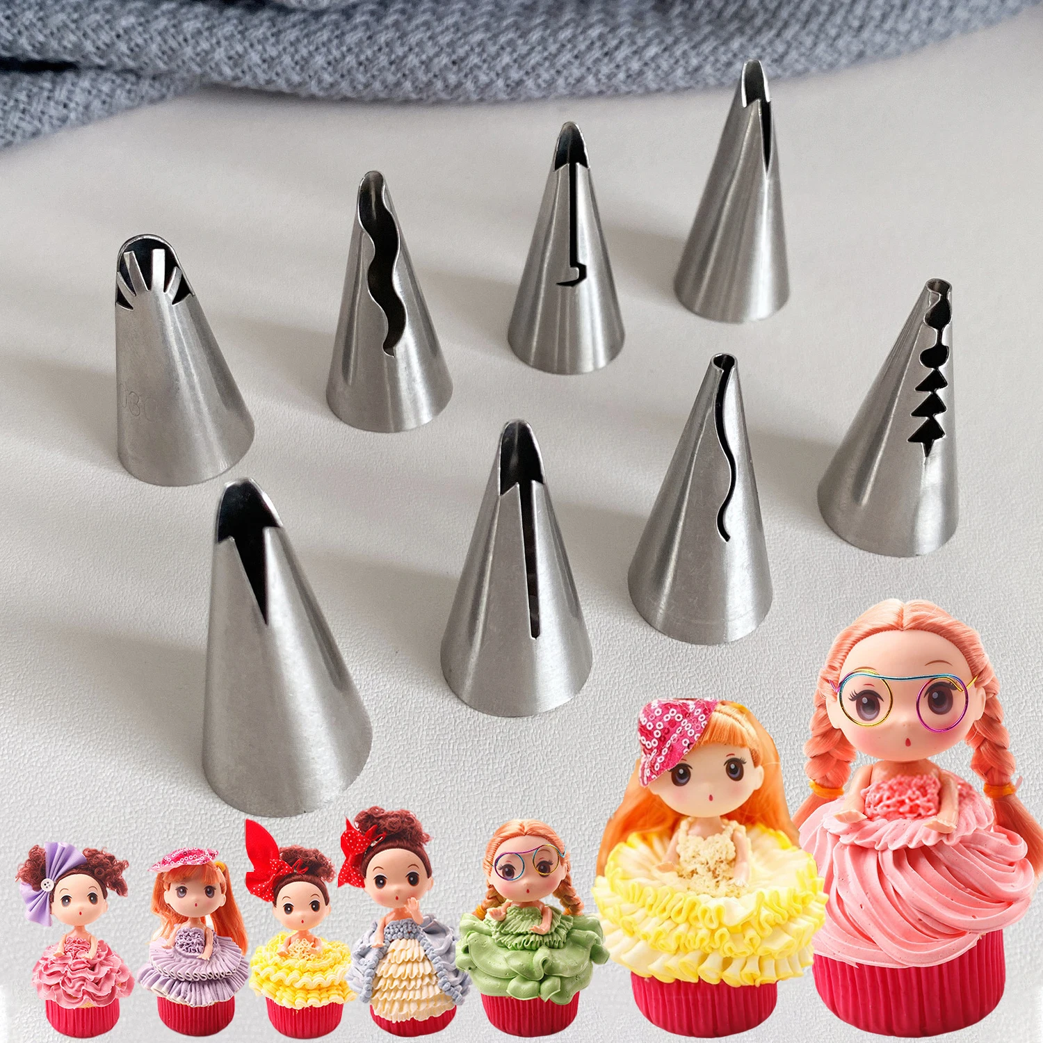 

8PCS/SET Bakery Pastry Cookie Stainles Cupcake Skirt Nozzles Icing Cream Piping Baking Butter Dessert Kitchen Decorating Tools