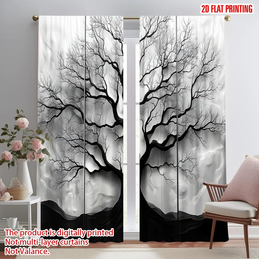 

2D flat printing 2pcs Window Treatment Curtains Leafless Tree Silhouette Digital Printed Polyester Drapes Festive Wall Decor Use