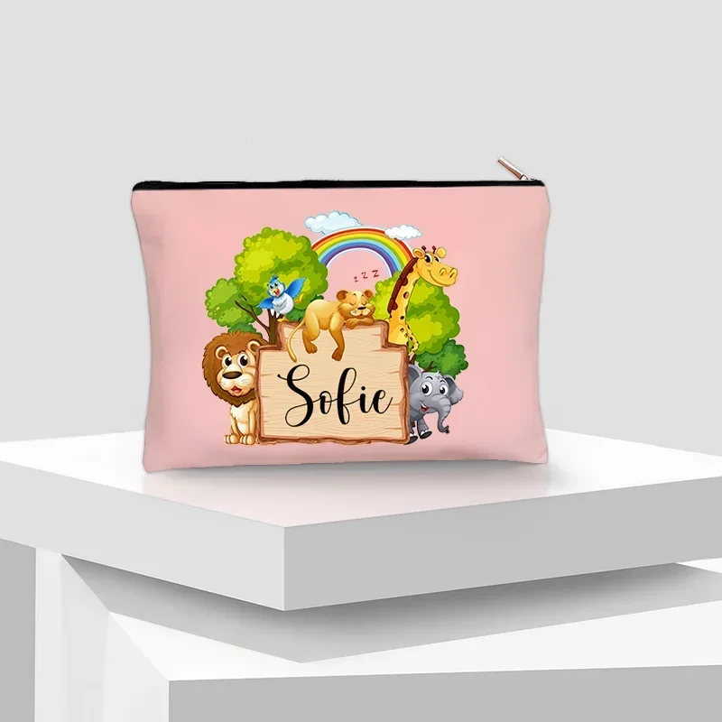 Kawaii Animal Custom Name Cosmetic Bag Children Pencil Case Elephant Giraffe Lion Cartoon Makeup Box Travel Toilet Storage Pouch