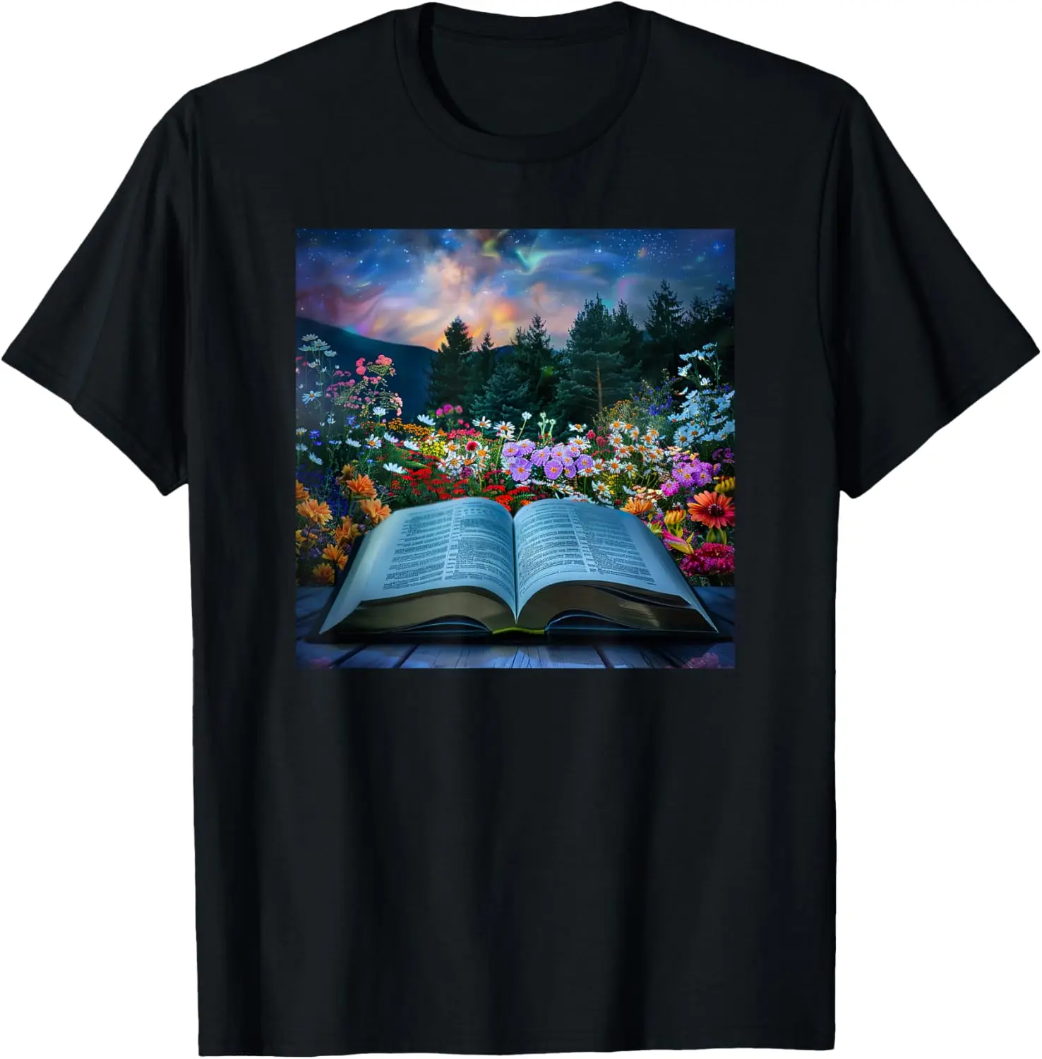 

Book Forest Floral Flowers Blossoms Pattern Print T-Shirt