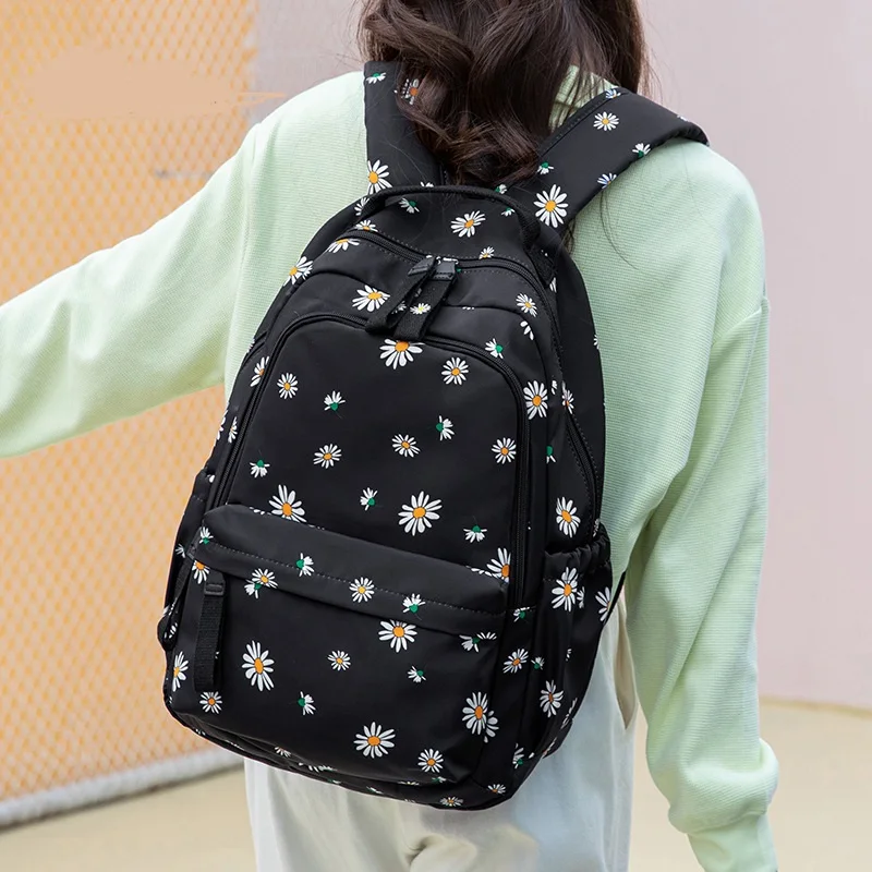 Flower Backpack Women Teenager Cute Kawaii Backpack 2023 New School Bags for Girls Kid Children Students Schoolbag Korean Black