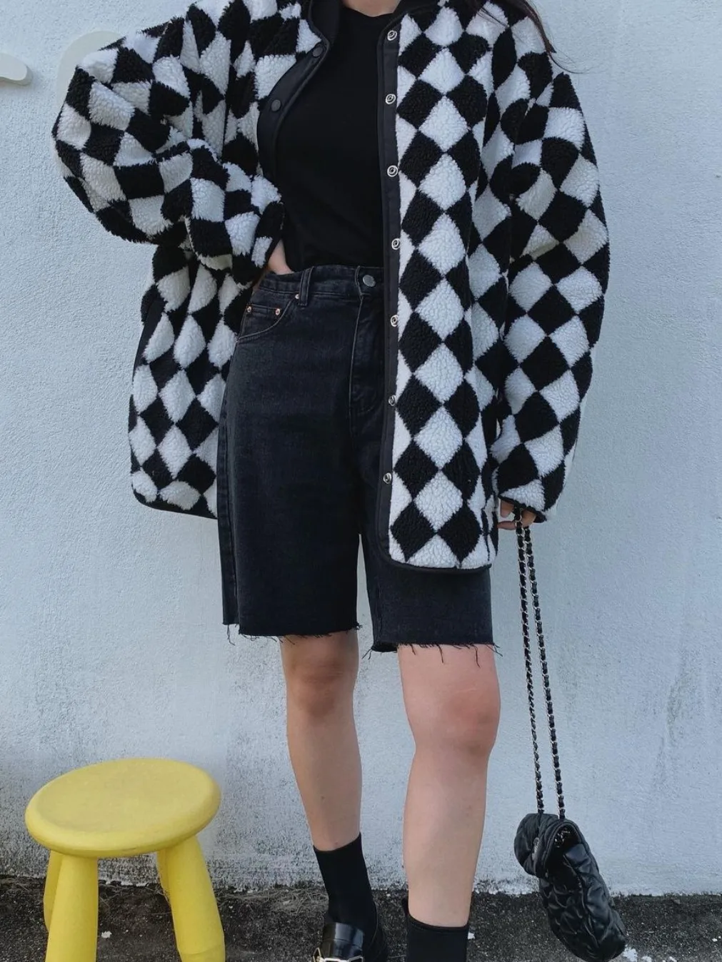 Solto pele de cordeiro xadrez meados de comprimento retalhos casaco feminino primavera outono inverno casual confortável cor macia blo outerwear