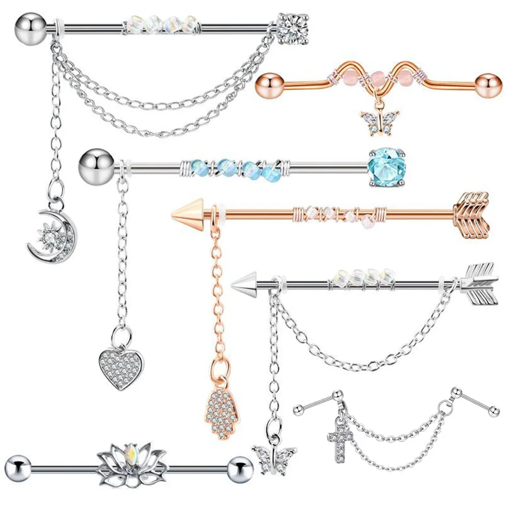1PC Chirurgische Stahl Industrielle Piercing Barbell Lange Ohrringe Mit Kette Gerüst Bar Ohr Knorpel Earing Trend Körper Schmuck