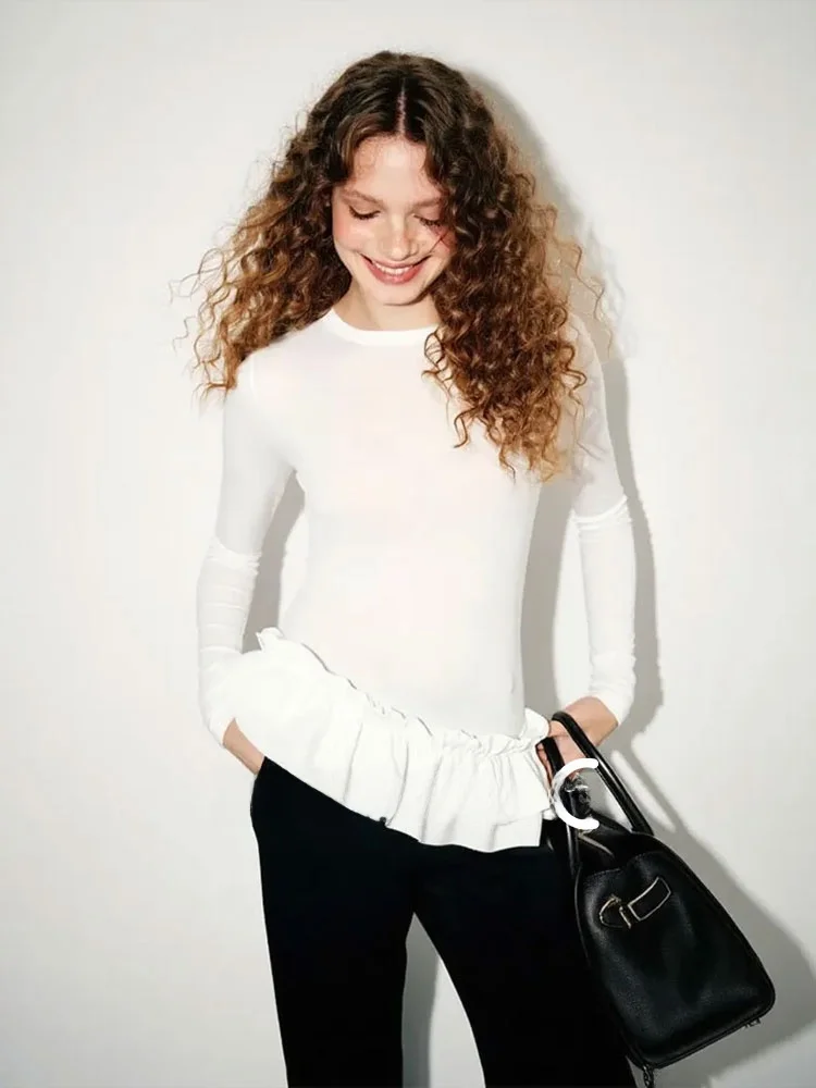 

ZhuoZhi Double Layer Ruffle Splice T irt Simple Versatile Base White Top for Autumn Commute Workwear Girls Ladies
