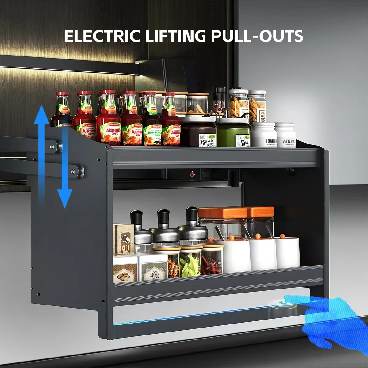 

AngelParticle Smart Spice Organization for Cabinet,Touch Switch Pull Down Shelf for Upper Cabinets with Under Cabinet Lighting