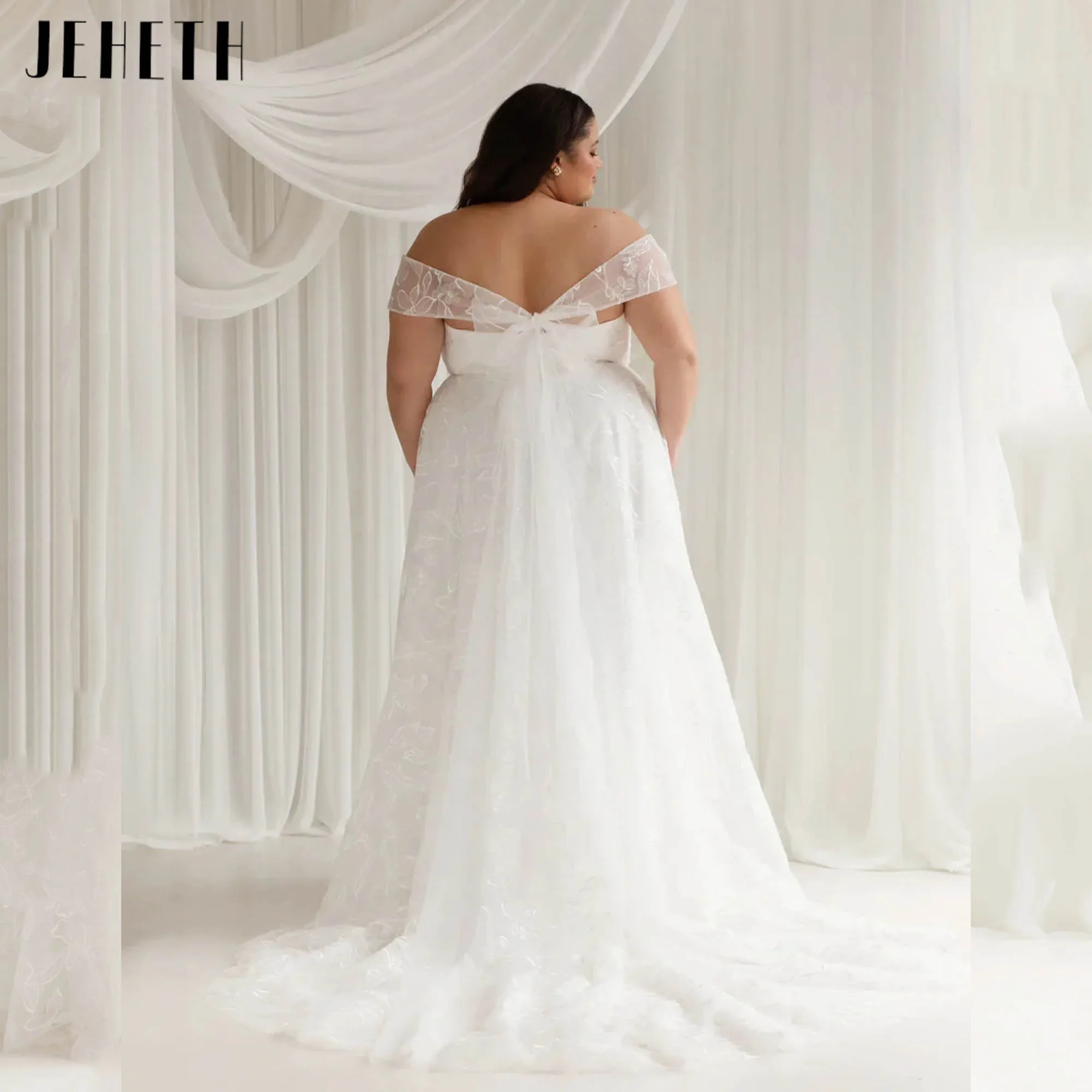 JEHETH Off Shoulder Pastrol Lace Wedding Dress With Slit A-line Bride Gown Backless Modern vestido de novia Plus Size Customized