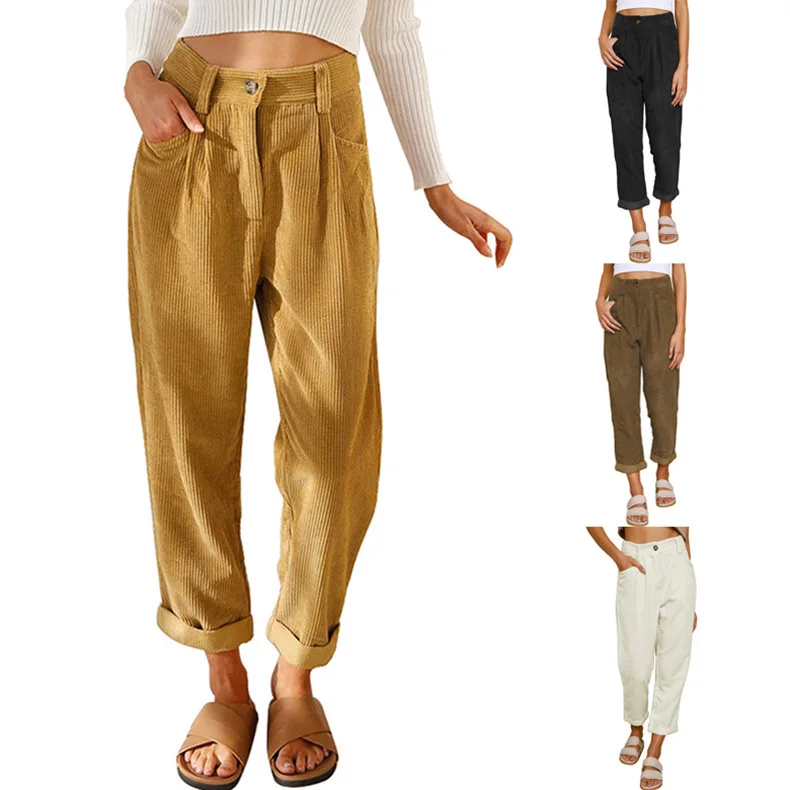 New women's high-waisted casual pants European and American solid color corduroy loose straight trousers women