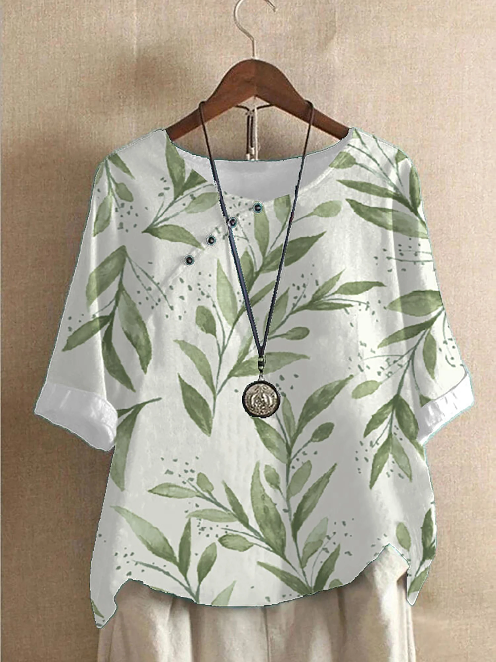 2024 summer vintage cotton and linen fashion print loose casual shirt short sleeve T-shirt woman