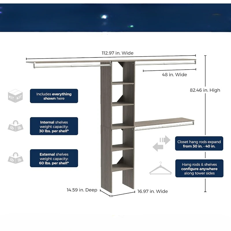 SuiteSymphony houten kastorganizerset met toren, geschikt voor ruimtes van 5,9 ft. Breed, Grafietgrijs, thuis.