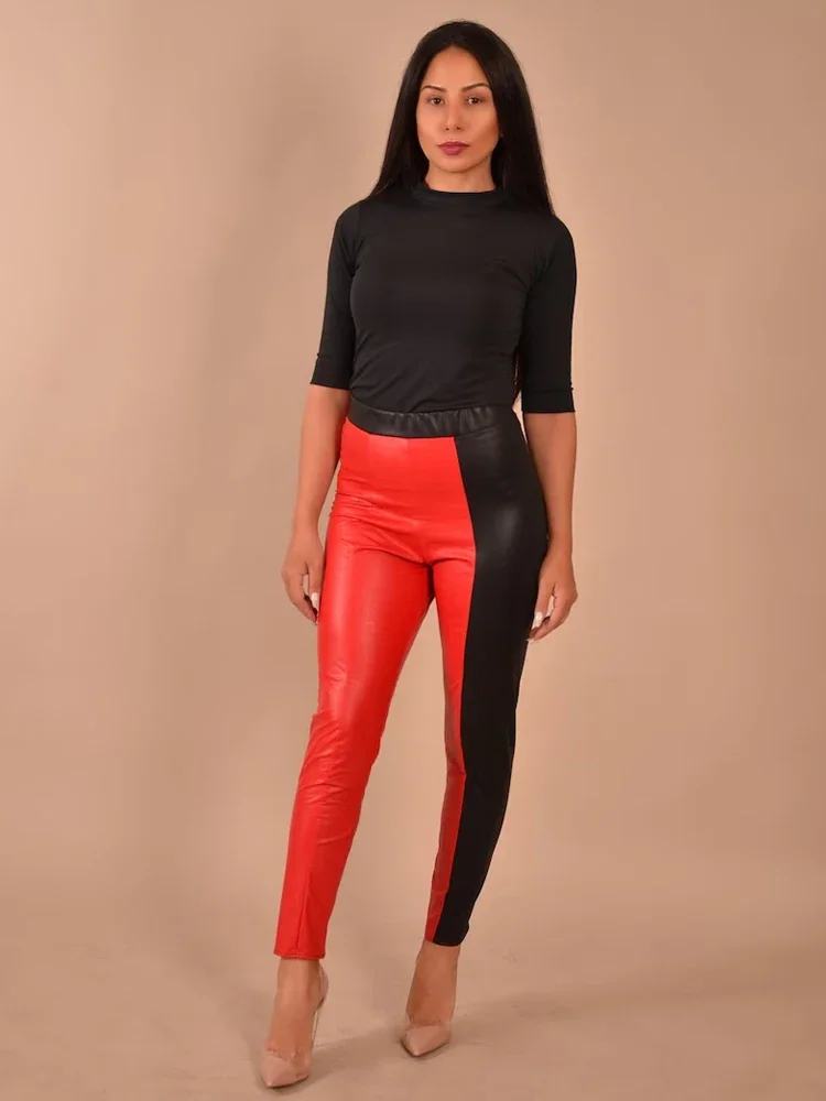 

Chic Contrast Color Faux Leather Pants Women Elastic High Waist Splicing Cropped Pants Ladies Casual PU Bodycon Pencil Pants New