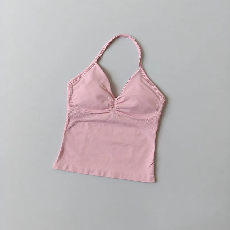 Langes, trägerloses, nahtloses Yoga-Tanktop mit gerafftem Rücken, ärmelloses Fitness-Workout-Shirt mit integriertem BH für Damen – Detail 8