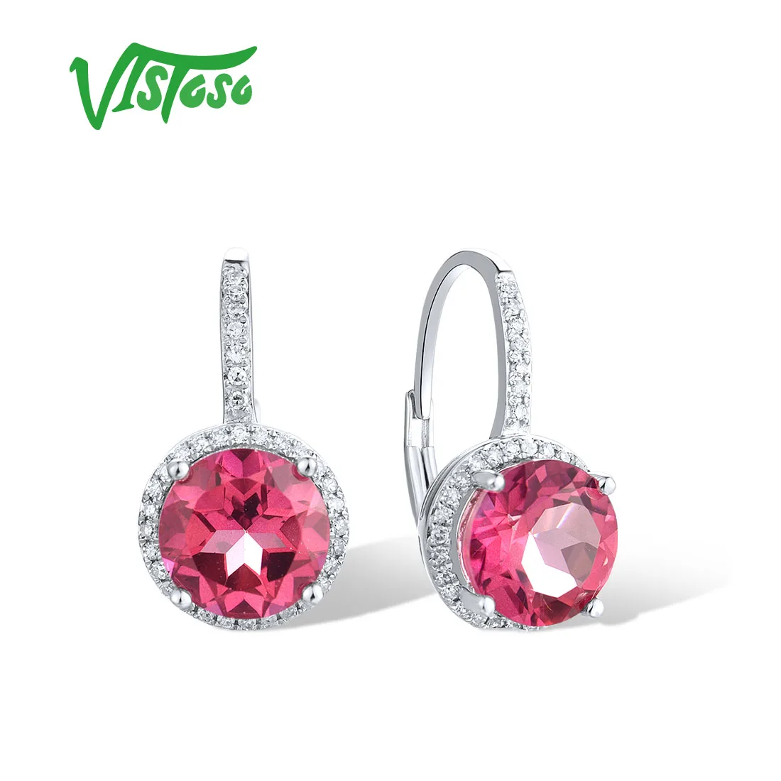 

VISTOSO Real 14K 585 White Gold Solitaire Loop Earrings For Lady Sparkling Diamond Pink Topaz Delicate Wedding Gift Fine Jewelry