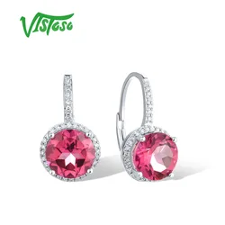 VISTOSO Real 14K 585 White Gold Solitaire Loop Earrings For Lady Sparkling Diamond Pink Topaz Delicate Wedding Gift Fine Jewelry