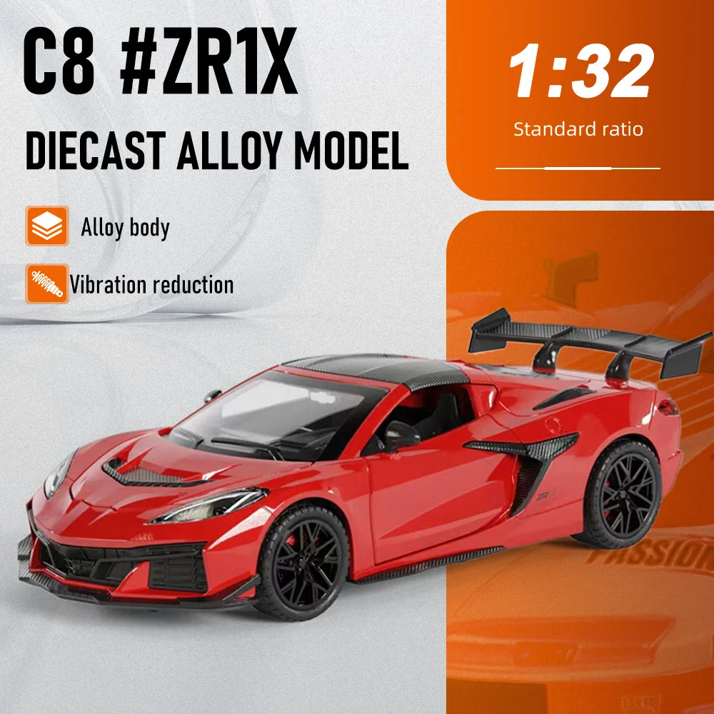 

1:32 Corvette C8 ZR1X Miniature Sports Car Diecast Alloy Model Pull Back Doors Opened Rubber Tire Vehice Exquisite Ornament Gift