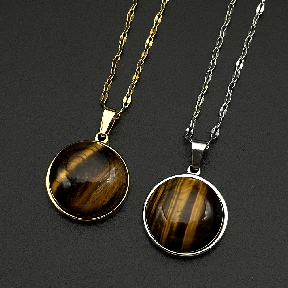 Tiger Eye Natural Stone Pendant Stainless Steel Chain For Women Men Healing Crystal Everyday Necklace Embedded Jewelry Gifts