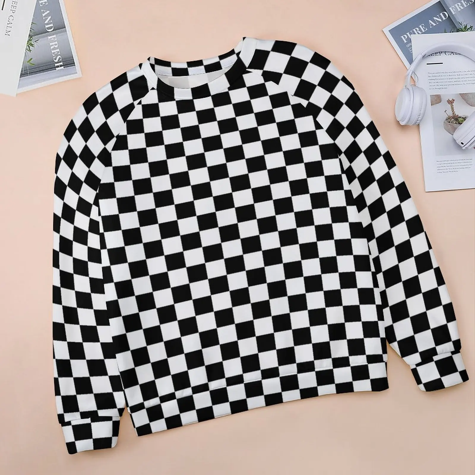 Two Tone Hoodies Black White Checkerboard Streetwear Oversize Hoodie Female Long Sleeve Modern Custom Casual Clothing