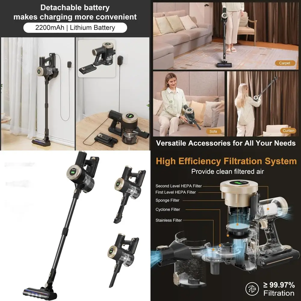 

Wireless Lightweight Stick Vacuum, 30kPa 2200mAh Battery, 40 Mins Use, LED Display, Ideal for Pet Hair on Floors & Carpets