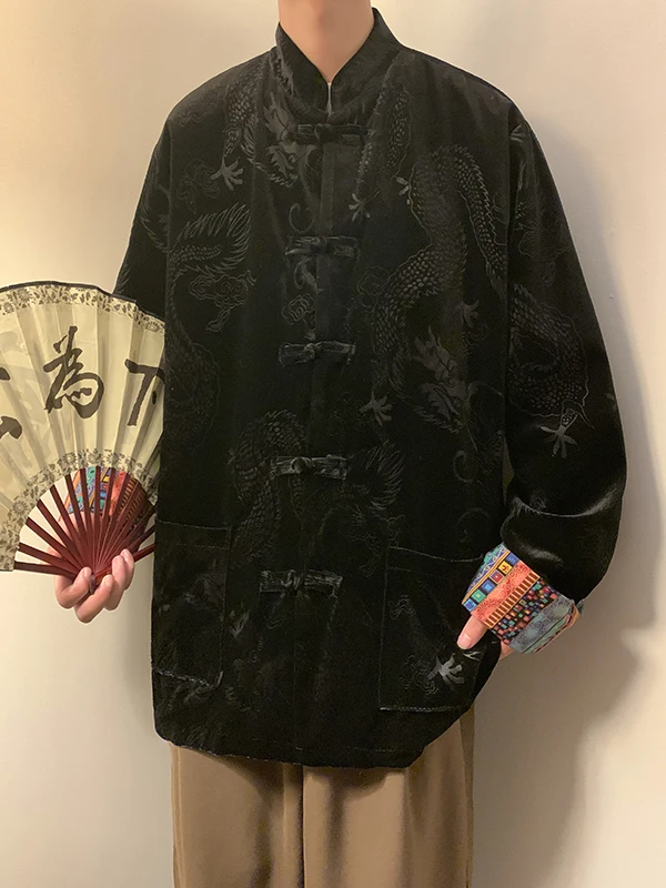 

Осень-зима, мужская бархатная куртка, новый китайский модный брендовый костюм Тан с принтом, пальто Zhongan большого размера, повседневная верхняя одежда