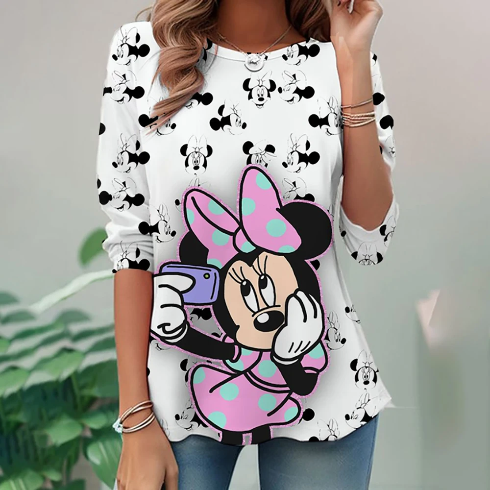 Spring Women's Disney Mickey and Minnie print Long Sleeve T-Shirt Fashion Top Daily Casual Harajuku Style 2K Street Style Plus