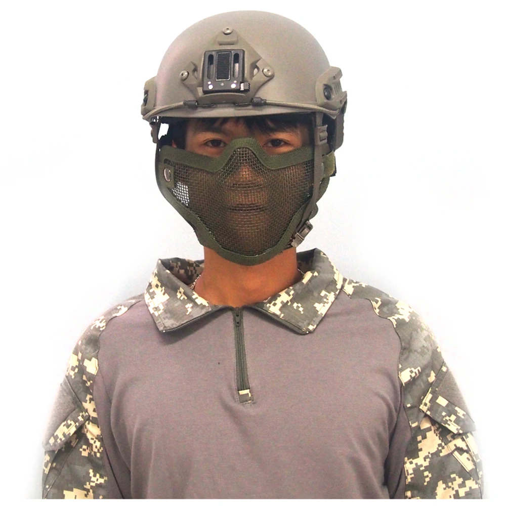 Máscara táctica de media cara con doble cinturón para caza, máscara protectora transpirable de malla de acero y Metal para máscara de Paintball