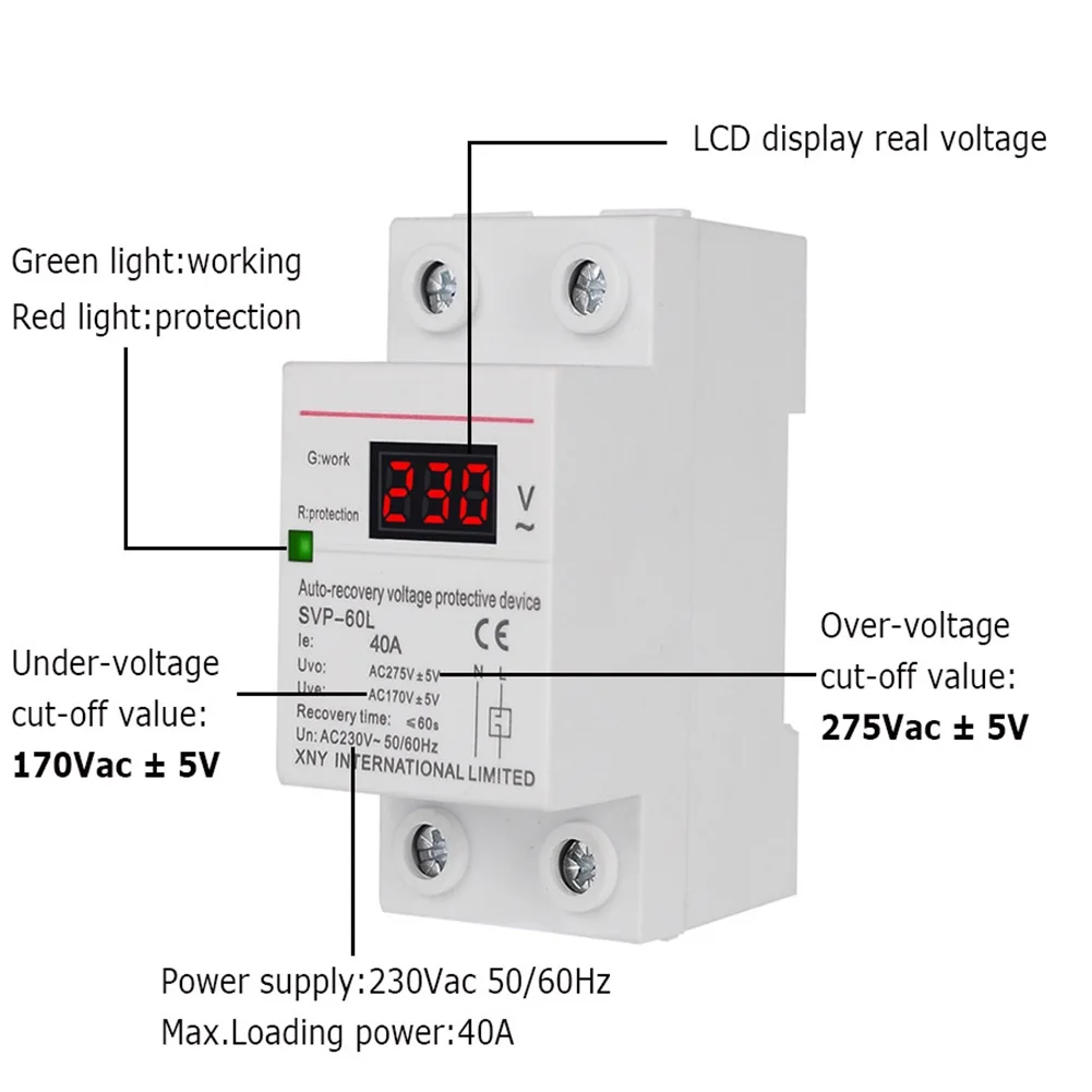 /Din /Rail /230V Automatic For For Reset Over Under Voltage Protective Device Relay 40A For Home Electrical System Safety