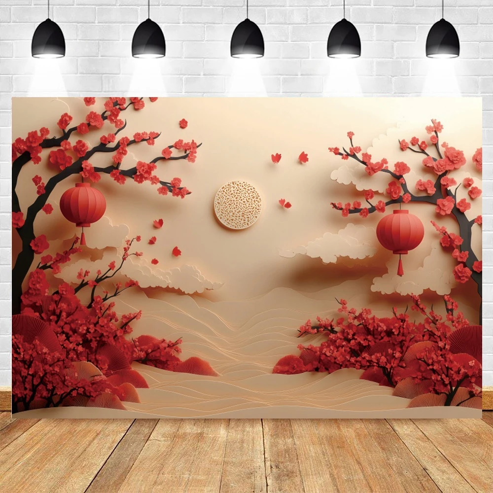 Chinese New Year Photography Backdrop Red Lantern Plum Blossom Clouds Spring Festival Family Party Portrait Photocall Background