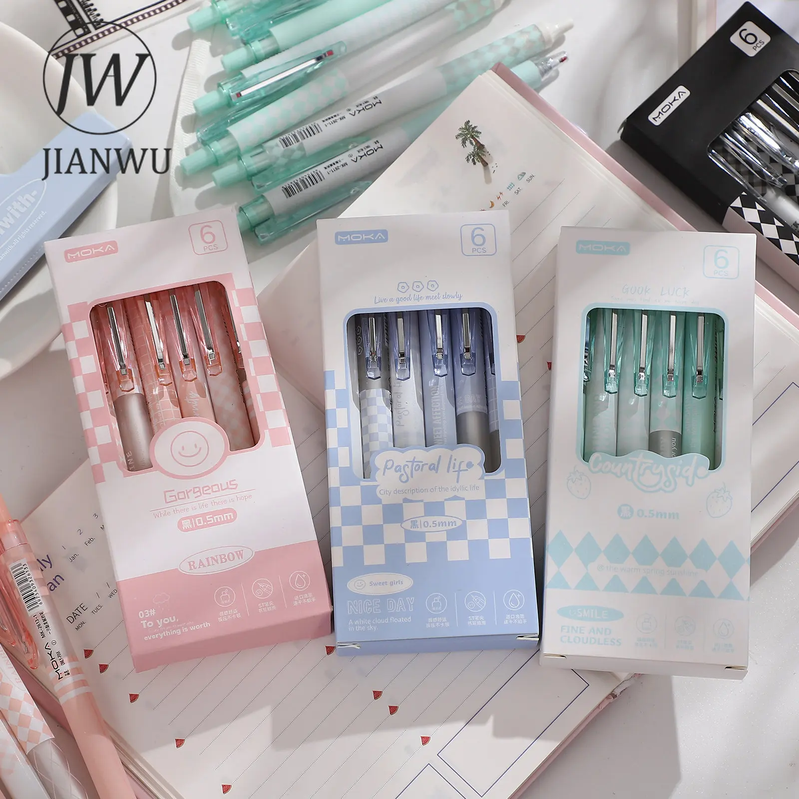JIANWU 6 Pcs/set Only Series Carbon Pen Set 0.5mm Black Smooth Writing Quick Dry Push Gel Pen Creative DIY Student Supplies
