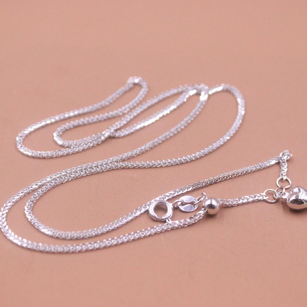 Real Pure 18K White Gold Necklace Women 1.1mm Width Wheat Link Chain 20inch Loving Heart Adjustable 4.5-4.8g