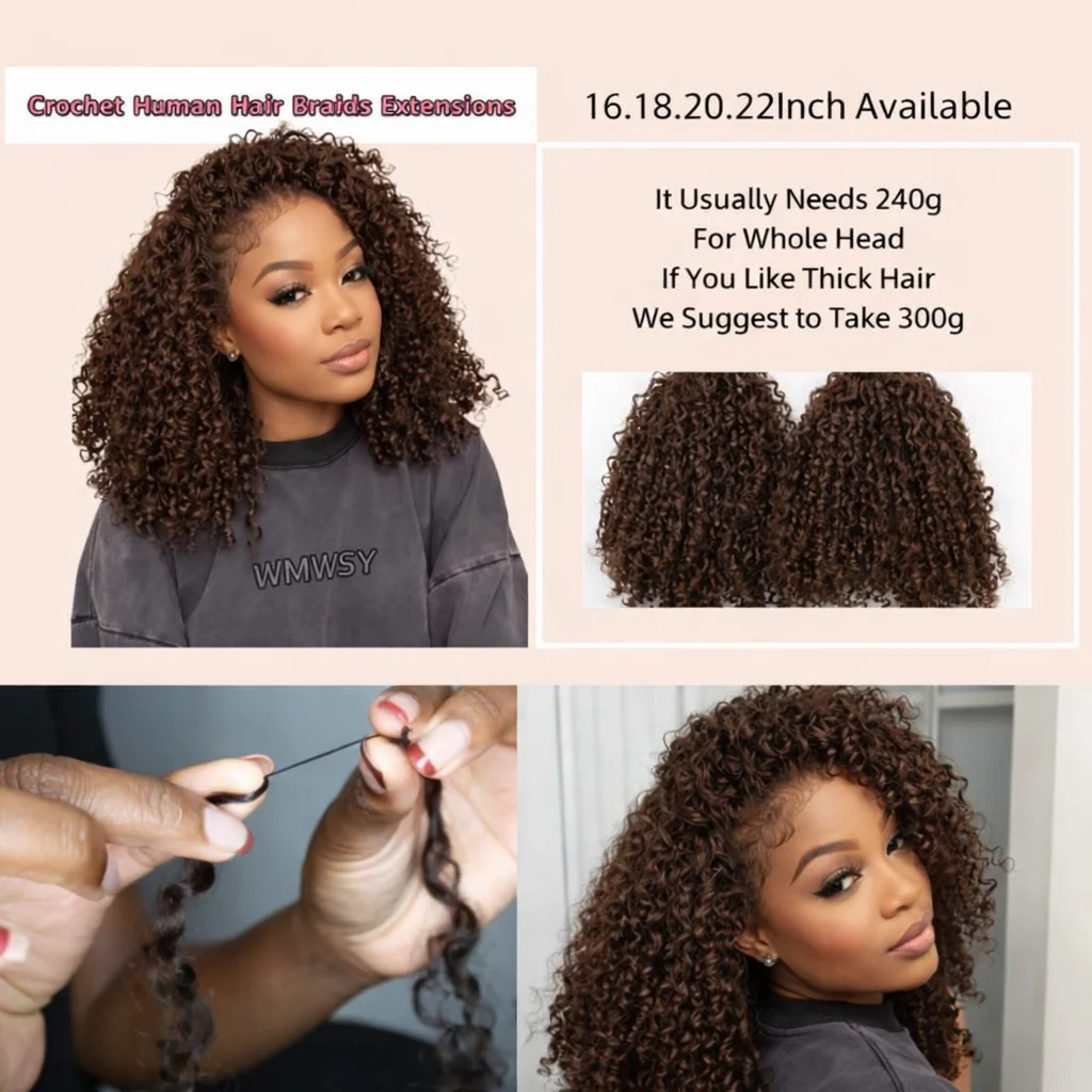 Pequenas espirais encaracolados crochê cabelo humano pena-linha invisível sem nós cabelo de crochê para mulher # 4 Torção Trança Marrom Chocolate
