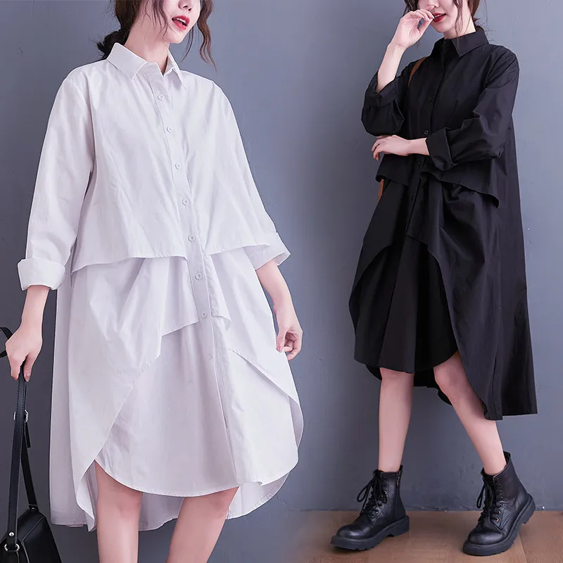 Spring Autumn Asymmetrical Front Button Shirt Dress Women Solid Color Long Sleeve Polo Neck Casual Loose Long Shirt Blouse