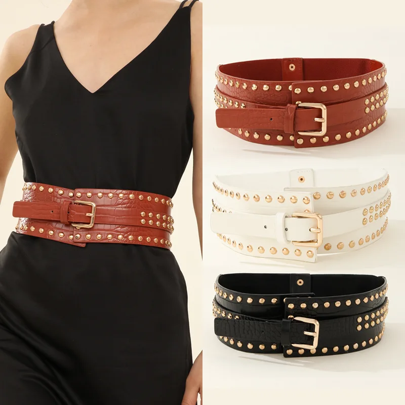 Vintage Studs Wide Belt Female Harajuku Style Decoration with Jeans Skirt Senior Accessories Punk Metal Buckle Belt