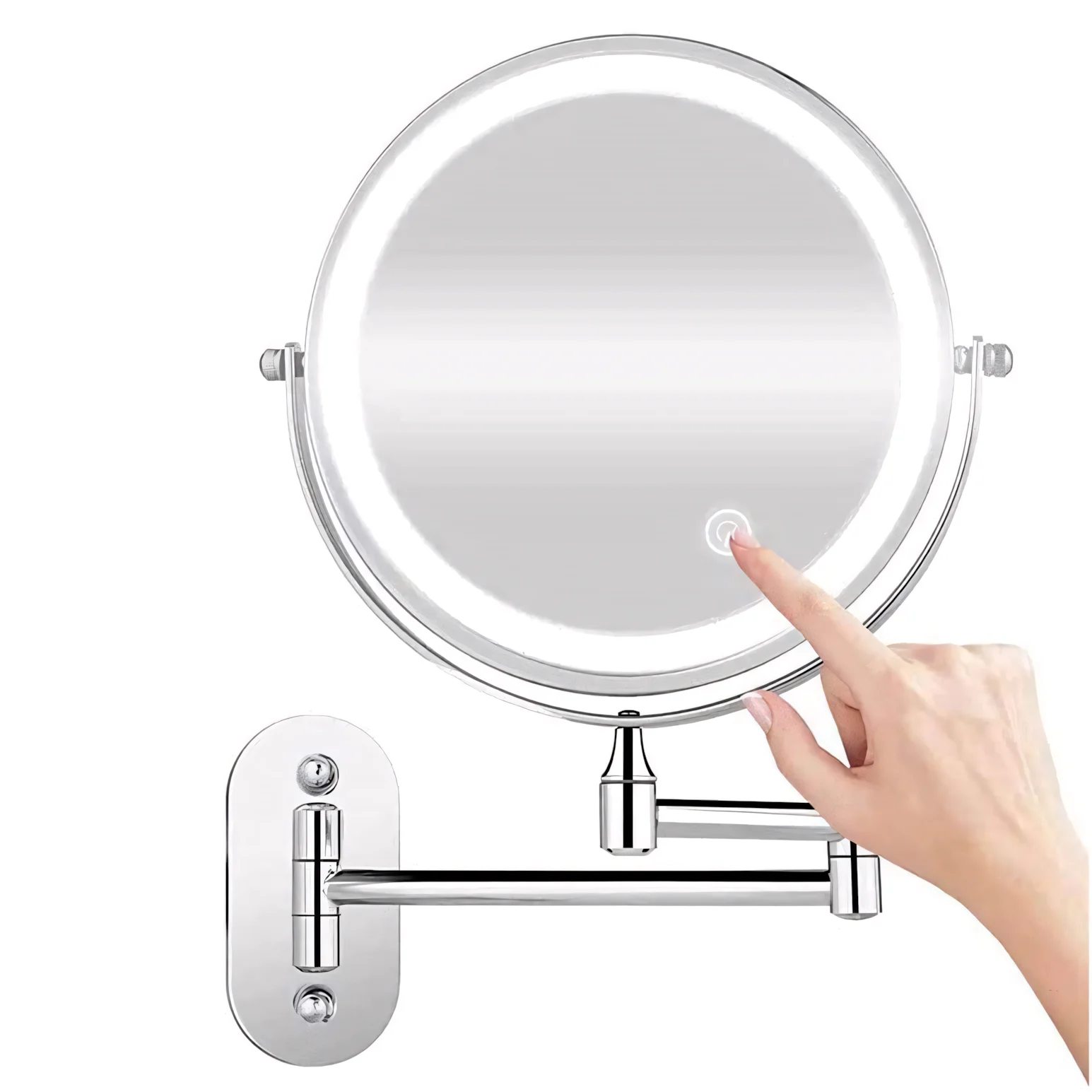 

8-Inch Battery LED Wall Mirror, 54 Tri-Color Dimmable LEDs 3000-6000 K, Iron & Glass, Touch & Base Switch, 1×/3× Magnification