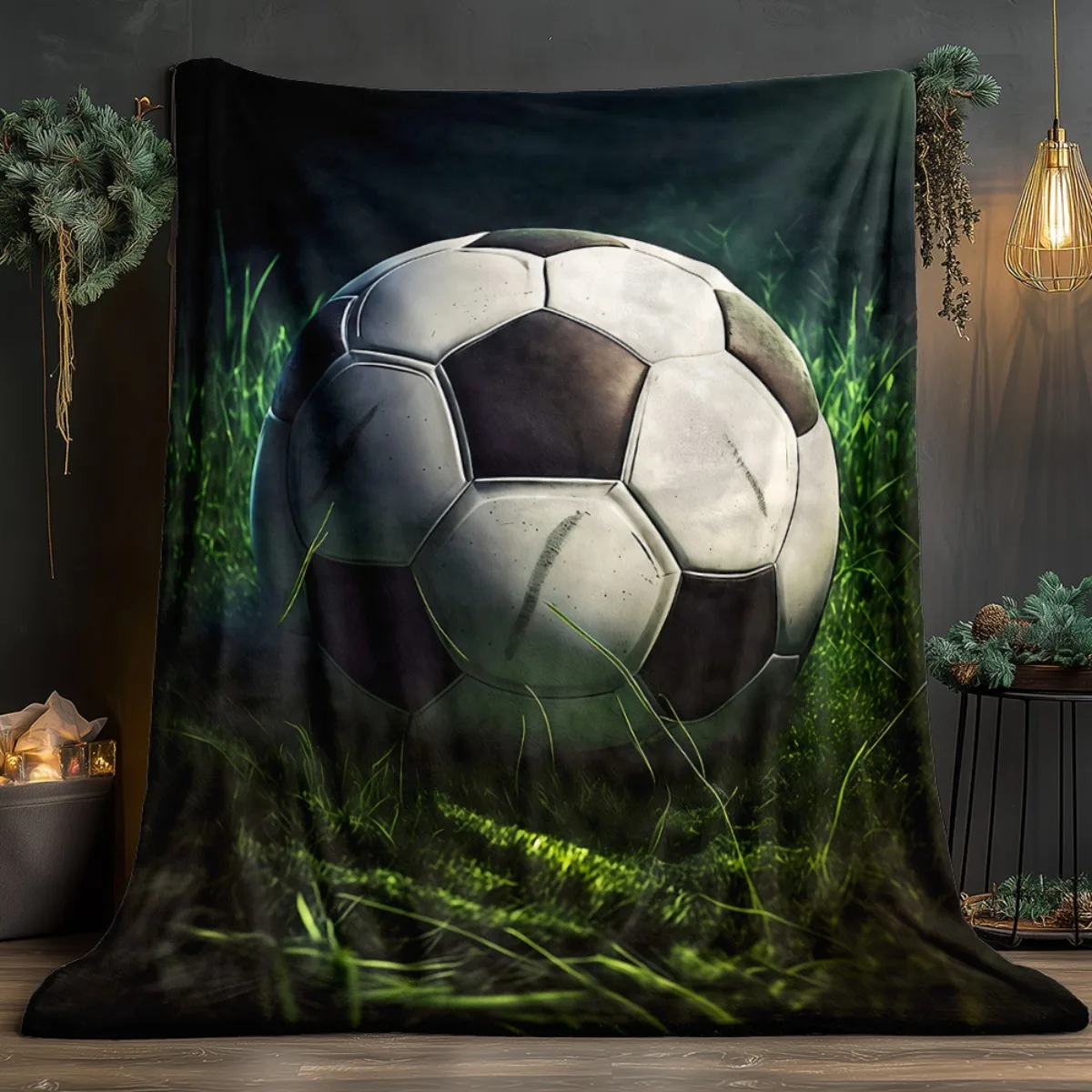 Soccer Ball On Grass Field Fleece Blanket Sports Theme Flannel Throw Football Fan Gift Soft Bedding Home Decor Sporty Design