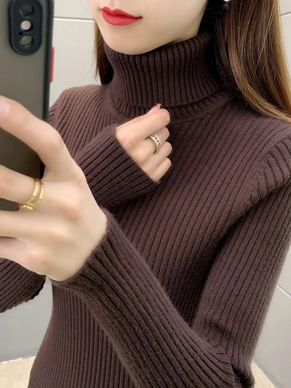 Suéter de Punto de Manga Larga con Cuello Alto ueso para Mujer, Estilo Nuevo de Otoño Invierno, Csa Interior Cálida y Fá...