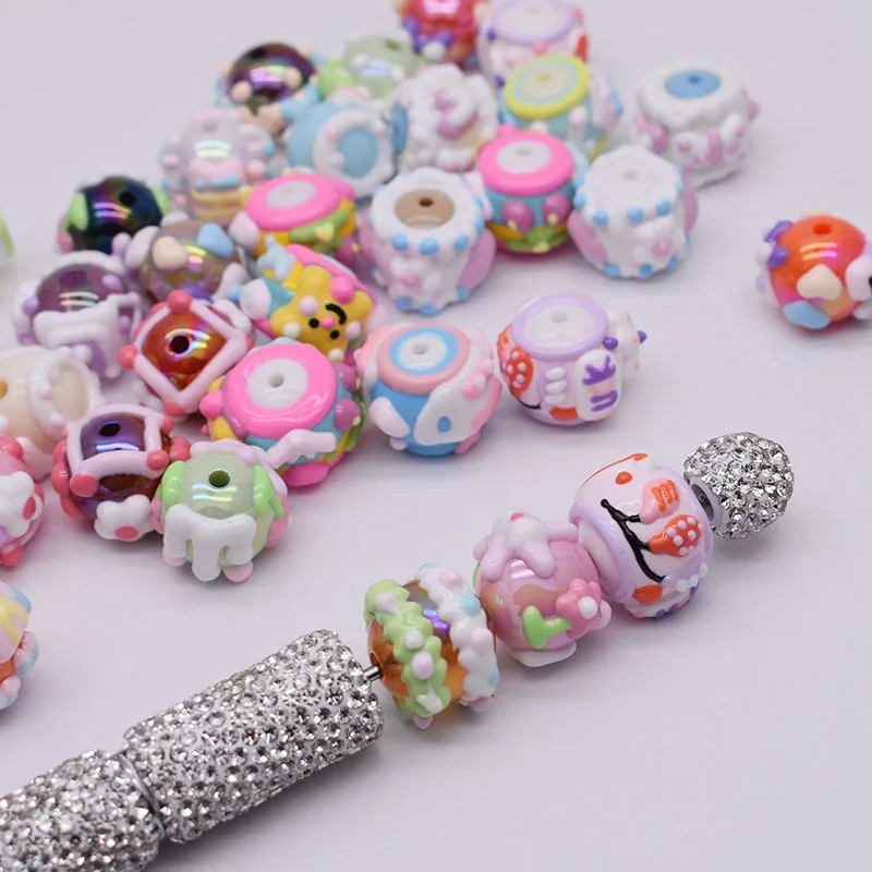 10pcs/bag Acrylic Beads Fashion Hand Drawn Cartoon Painting Loose Beaded DIY Handmade DIY Bracelets Mobile phone chain Bead Pen