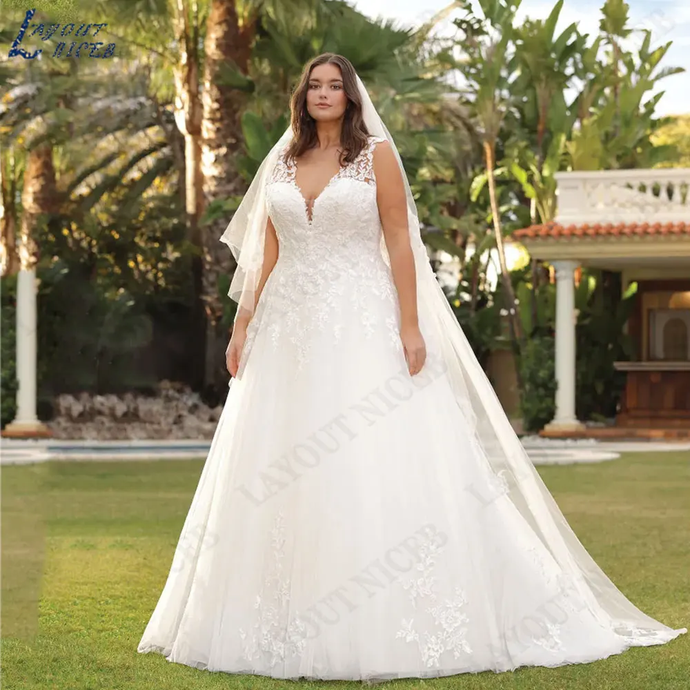 LAYOUT NICEB Plus Size spachetti cinghie abiti da sposa indietro Lace Up Tulle abiti da sposa a-line senza maniche robe de mariée 2024LAYOUT NICEB Plus Size spachetti cinghie abiti da sposa indietro Lace Up Tulle abiti