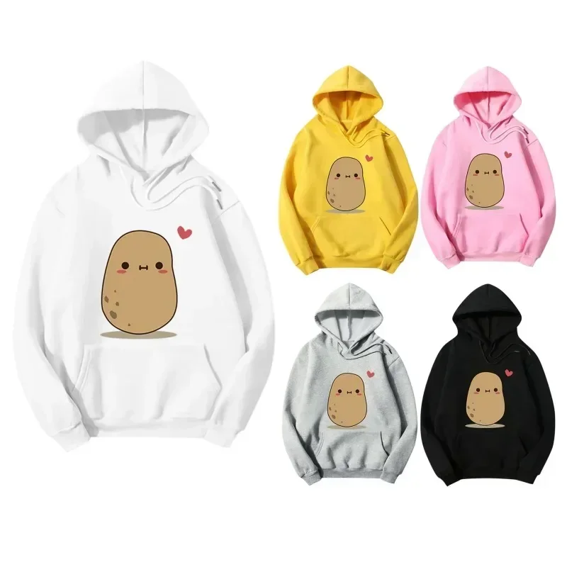 

Cute Hooded Sudaderas De Mujeres A Pair of Teen Girl Hoodies Cartoon Potato Print Long-sleeved Sweater with Baggy Top Pockets