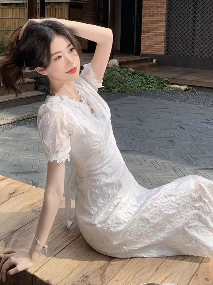 White Lace Puff Sleeve Dresses Women V-neck Midi Summer A-line French Style Temperament Fairycore Tender Instagram Attractive